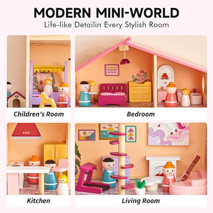 Wooden Doll House with 53Pcs Furniture Doll House, 6 Rooms Toddler Dollhouse Includes Spiral Wooden Staircase and Balcony, Modern Family Dollhouse with Realistic Design Gift for Ages 3+ Pink