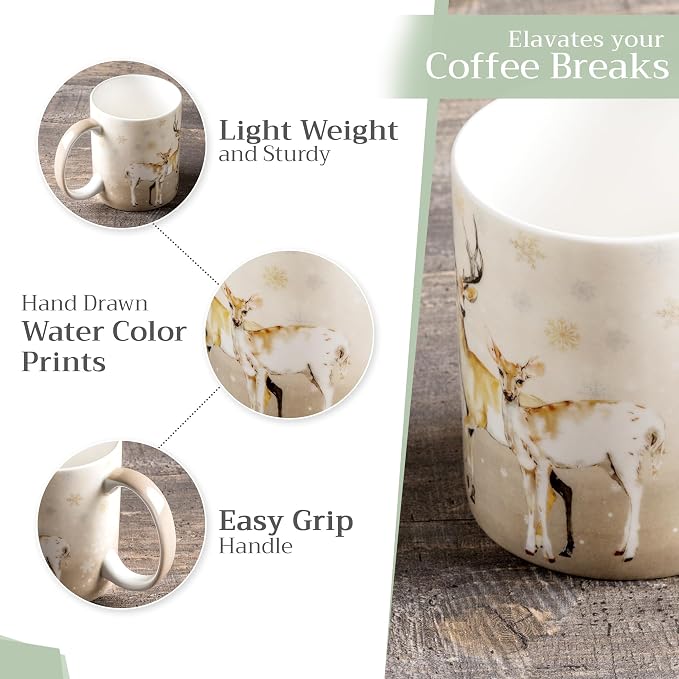 Maison d' Hermine Coffee Mug with Handles Tea Cups (15 Ounce, Pack of 1) | Fine Bone China Coffee Mugs for Hot Beverages Cappuccino Latte Home Restaurant Spring Summer -Deer In The Woods - Oh Deer