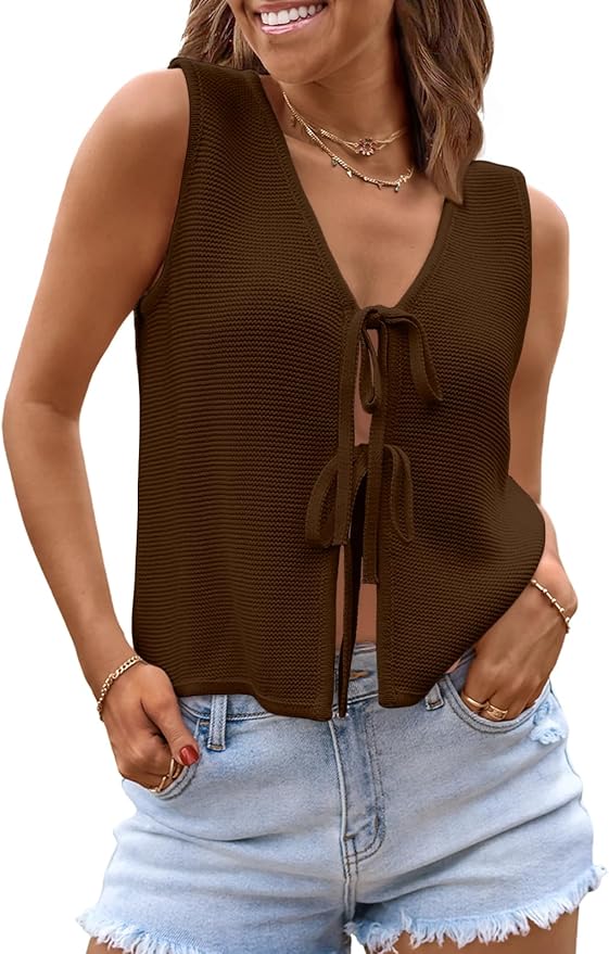 LILLUSORY Womens Tie Front Tops Vacation Sweater Vest | Bohemian Style, Beach Resort Wear, Concert Western Outfits, Crochet Tops, Vacation Outfits, Cute Y2k Sleeveless 2026