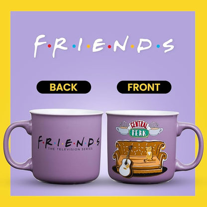 Silver Buffalo FRIENDS Central Perk Smelly Cat, Ceramic Camper Mug, 20oz | Iconic Orange Couch and Guitar, Pheobe's, 0.59 Liters