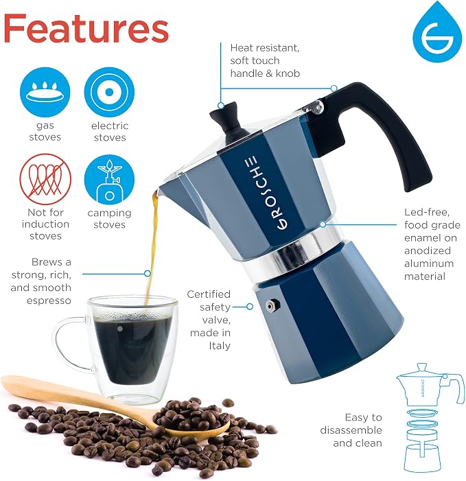 GROSCHE Milano Stovetop Espresso Maker Moka Pot 9 Espresso Cup, 15.2 oz, Blue. Stove top Coffee Maker Moka Italian Espresso greca Coffee Maker Brewer Percolator | Cuban Coffee Maker And Italian Moka Pot For Stovetop Espresso; For Gas, Electric, And Pro...