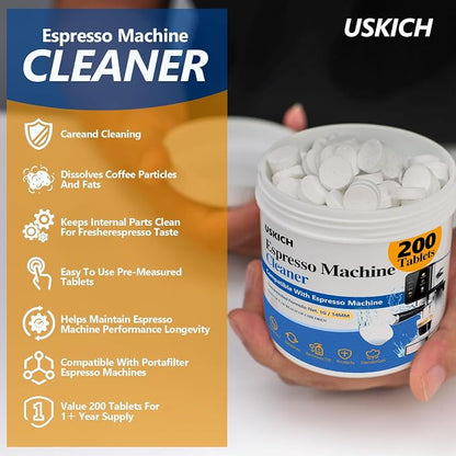 Espresso Machine Cleaning Tablets Descaling -200 Tablets, Compatible with Breville Barista Express, Gaggia, Delonghi, Jura, Philips - Universal Coffee Machine Cleaner Solution for Espresso Machines