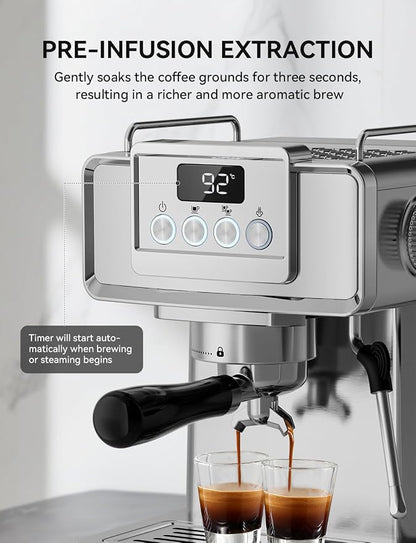 SUMSATY 20 Bar Espresso Machine Stainless Steel with Powerful Milk Frother | LED Display Espresso Coffee Machine 1350W Fast Heating Home Barista to Make Latte Cappuccino, Pre-Infusion, 61oz Water Tank