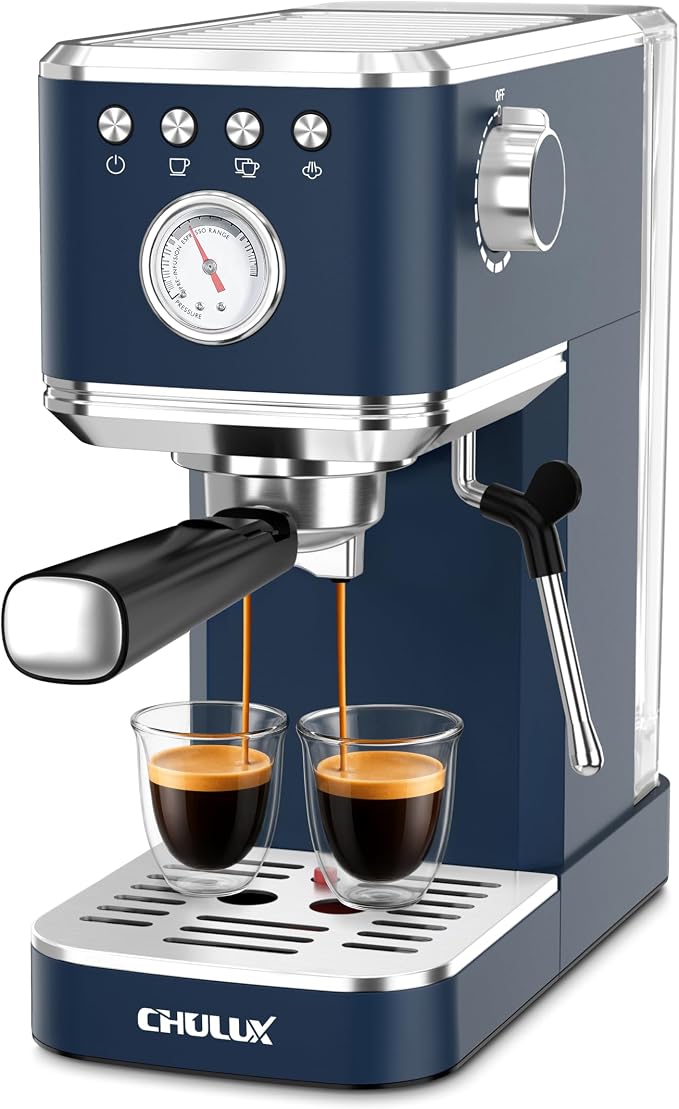CHULUX Slim Espresso Machine with Milk Frother for Home Latte, Dark Blue | Precise Pressure Gauge, Food-Grade Materials, 20 Bar Italian Pump, Professional Temperature Control System, Stainless Steel