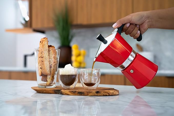 Bellemain Stovetop Espresso Maker, Italian Moka Pot, 3-Cup Red | Classic aluminum design brews rich espresso at home or camping, with an easy-to-use and easy-to-clean design.