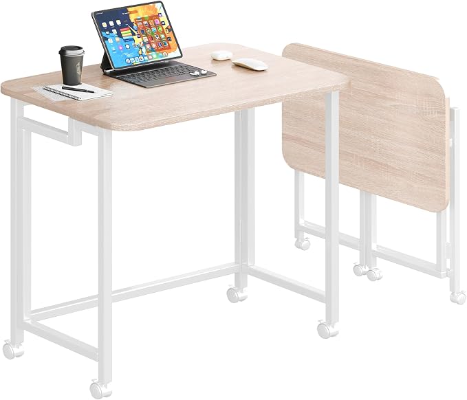 JSB Folding Desk for Small Spaces,Mobile Portable Rolling Laptop PC Table on Wheels,Foldable Computer Desk for Home Office,Bedroom,Dorm,Space Saving (Natural & White, 31.5")