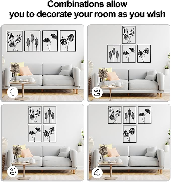 QXSXKJ Metal Wall Art, Black Frame Decor 4pack Modern Farmhouse Decor, 3d Metal Wall Ginkgo Art With Lamp for Living Room, Bedroom, Kitchen, Office (without light 17x12)