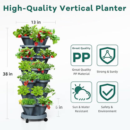 Strawberry Vertical Planters Tower Garden, 7 Tiered Stacking Herb Vegetable Planter with Support Pole Indoor and Outdoor - Dark Grey