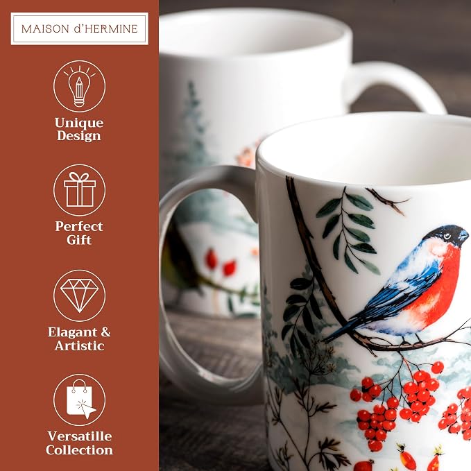 Maison d' Hermine Coffee Mug with Handles Tea Cups (15 Ounce, Pack of 2) | Fine Bone China Coffee Mugs for Hot Beverages Cappuccino Latte Home Restaurant Hotel Spring Summer -Morzine
