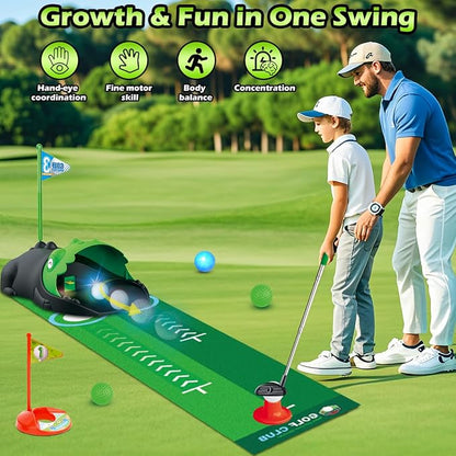 Clemas Upgraded Kids Toy Golf Set with Dinosaur Automatic Golf Returner, Led Light Up Night Golf Balls, 3 Clubs, Putting Mat, 3-8 Toddler Mini Golf Games, Indoor Outdoor Sports Toys for Boys Girls 3+
