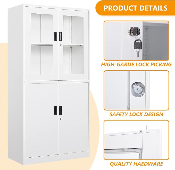 STANI Metal Storage Cabinet, Locking Steel Cabinet with Shelves, Tall Metal Utility 2 Doors, Lockable Steel Cabinets for Home Office (4 Doors, White)