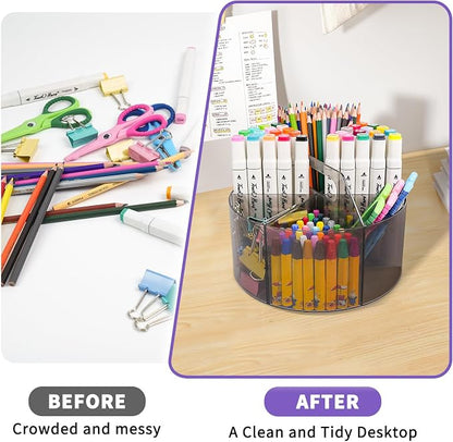 Mefirt Acrylic Pen Organizer, 360 Degree Rotating Desk Organizer with 6 Compartments Crayon Holder for Office, School, Home, Art Supply, Grey
