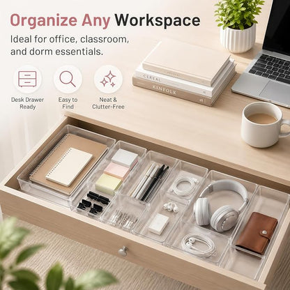 12 Pack Large Drawer Organizer Bins - Clear Plastic Bathroom Drawer Organizer Trays - Heavy Duty Kitchen Drawer Dividers for Utensils - Non-Slip Storage Bins for Makeup, Bedroom, Office Desk