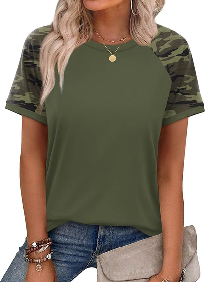 WIHOLL Womens Summer Tops Color Block Short Sleeve Raglan Shirts Spring Fashion Clothes Vacation Outfits