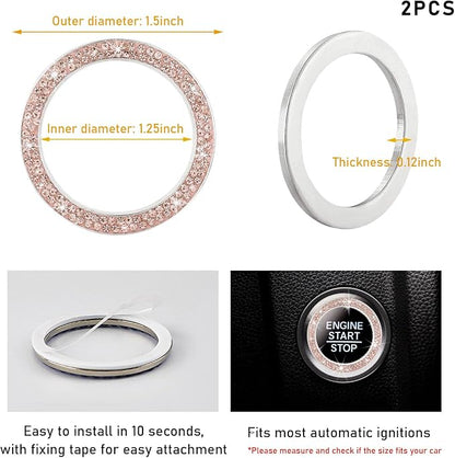 Kewucn 2 PCS Bling Crystal Double Rhinestone Car Engine Start Decoration Ring, Sparkling Push Start Button Sticker, Key Ignition & Knob Ring Decoration, Bling Car Interior Accessory(Peach)