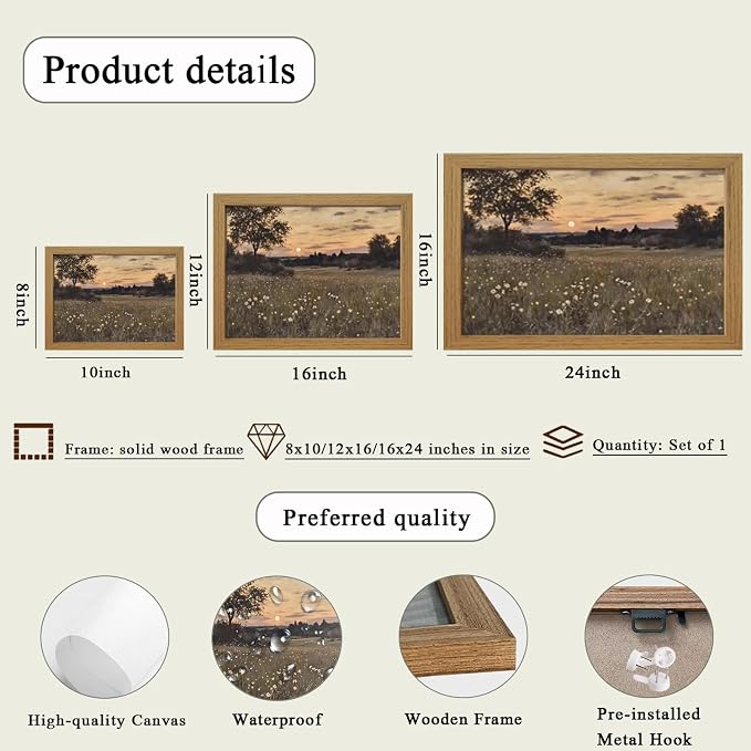 CXQILVER Vintage Framed Meadow Sunset Wall Art, Rustic Twilight Field Landscape Canvas Wall Decor Wildflowers Firefly Poster Print Farmhouse Nature Painting Artwork for Living Room Bedroom 8x10 Inch