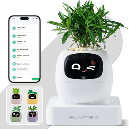 Smart Plant Pot with Visual Display – Soil Moisture, Water Level, Light & Battery Monitor, 80ml Self-Watering Reservoir, Supports 50+ Plants, Pomodoro Timer, Clock & Calendar (White)