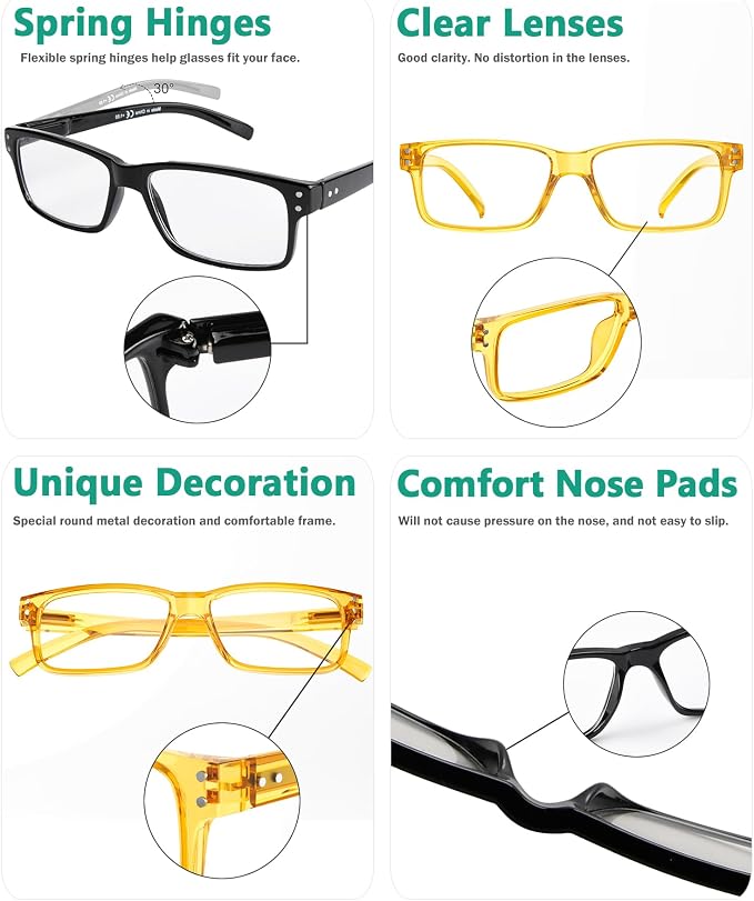 Eyekepper Vintage Reading Glasses for Men - 3 Pairs Black and 2 Pairs Yellow - Spring Hinges Classic Readers +1.50