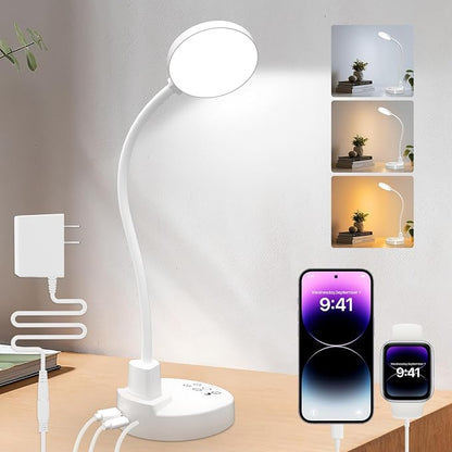 15W LED Desk Lamp with USB Charging Ports – Dimmable Table Lamp with 3 Color Temps, 5 Brightness, 4 Timers, Flexible Gooseneck Light with Base, Eye-Caring Reading Light for Home Office, Bedroom, Study