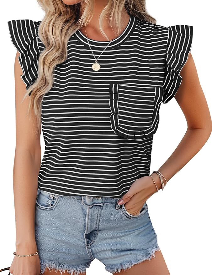JUSTFASHIONNOW Womens Summer Tops Striped T-Shirts 2026 Ruffle Short Sleeve Crew Neck Casual Blouses with Pocket