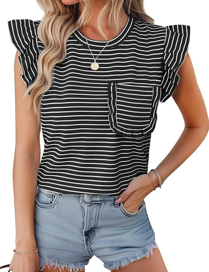 JUSTFASHIONNOW Womens Summer Tops Striped T-Shirts 2026 Ruffle Short Sleeve Crew Neck Casual Blouses with Pocket