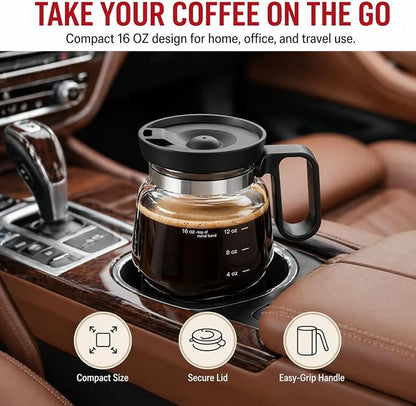 Coffee Pot Mug with Lid, 16oz Glass Mini Coffee Pot Cup, Heat-Resistant Clear Travel Mug, Spill-Resistant Novelty Coffee cup for Office Desk & Coffee Lovers gift