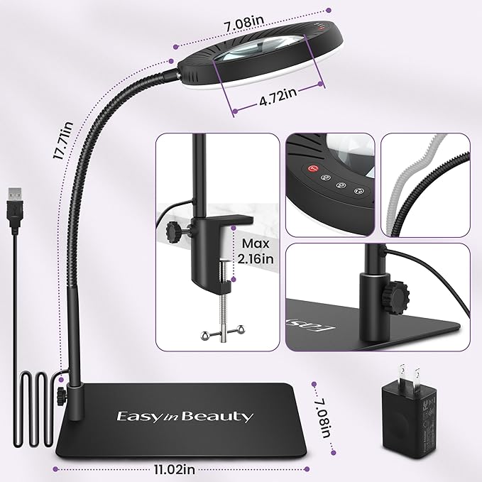 EASYINBEAUTY 8X Magnifying Glass with Light and Stand, 5 Color Modes & 9-Level Dimmable, 2-in-1 LED Magnifying Desk Lamp with Clamp, Gooseneck Magnifying Light for Crafts Hands Free, Close Work, Read