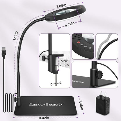 EASYINBEAUTY 8X Magnifying Glass with Light and Stand, 5 Color Modes & 9-Level Dimmable, 2-in-1 LED Magnifying Desk Lamp with Clamp, Gooseneck Magnifying Light for Crafts Hands Free, Close Work, Read