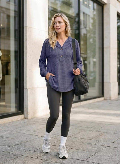 Dokotoo Hoodies for Women Waffle Knit Long Sleeve Drawstring Button V Neck Casual Sweatshirt Hooded Tops Fashion Clothing