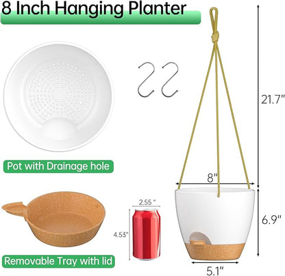 ZMTECH 8 Inch Hanging Planters for Indoor Outdoor Plants, 2 Pack Self Watering Hanging Plant Pots with Drainage Holes and Removable Saucer, Plastic Flower Hanging Pots with Watering Lip (White)