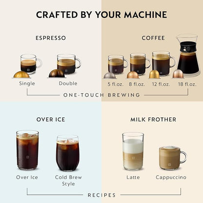 Nespresso Vertuo Next Coffee and Espresso Maker by De'Longhi, Creamy White and Gold | Creamy white and gold coffee machine with slim, sustainable design. Brews 6 cup sizes, espresso to 18 oz., topped with crema.