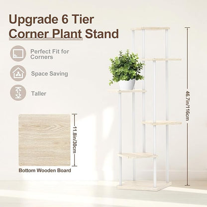 6 Tier Tall Plant Stand Indoor, Large Metal Wood Muti Level Vertical Planter Shelf Orchid Holder for Narrow Corner, Sturdy Heavy Duty Flower Display Rack for House Decor Living Room Bedroom, White