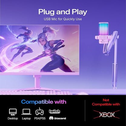 MAONO DGM20S USB Microphone for PC with Clear Voice & Noise Reduction | RGB Lighting, Tap-to-Mute, Gain Control, Monitoring and Boom Arm for Discord Gaming, Streaming, Content Creation.Pink