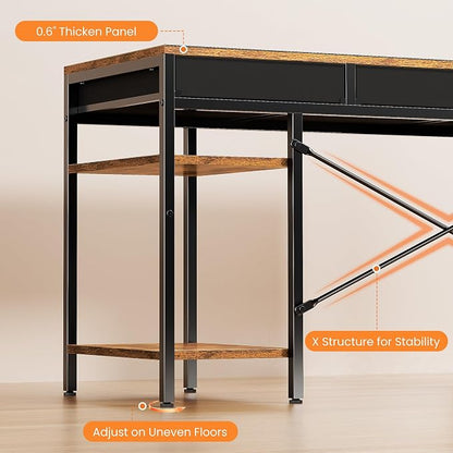 Sweetcrispy 47" Computer Desk with 6 Fabric Drawers & Storage Shelves | Reversible Gaming Desk, Office Desk, Computer Workstation, Corner Desk with Storag, Home Office, Living Room, Rustic Brown