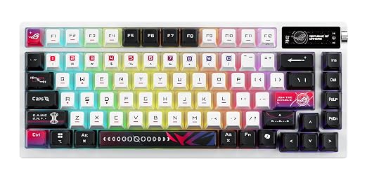 ROG Azoth X 75% custom gaming keyboard, hot-swappable Storm V2 Switches, gasket mount, dampening foam, FR4 plate, south-facing PCB, tri-mode connection, OLED display, control knob, wrist rest, Mac
