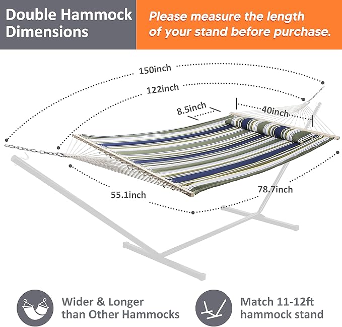 SUNCREAT Double Hammocks 2 Person with Extra Large Pillow, Non Fading Tree Hammocks for Outside, Blue&Aqua