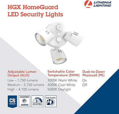 Lithonia Lighting HomeGuard 3-Light LED Outdoor Flood Lights, Outdoor LED Lights, Dusk to Dawn Sensor, Adjustable Lumens, Selectable Color, Round Heads, White (HGX LED 3RH ALO SWW2 120 PE WH M2)