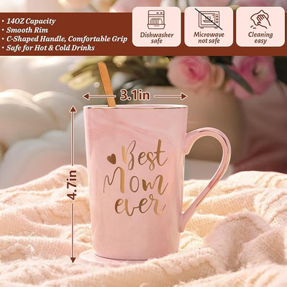 YHRJWN Birthday Gifts for Mom, Best Mom Ever Coffee Mug, Mom Mothers Day Gifts from Daughter Son, Moms Gift Idea for Birthday, Valentines Day, Present for Moms Mothers, 14 Oz Pink