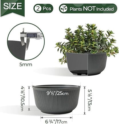 T4U 10 Inch Self Watering Pots for Indoor Plants, Plastic Plant Pots with Drainage Hole, Large Flower Pots for Indoor Outdoor Plants Cactus, Garden, Set of 2, Gray