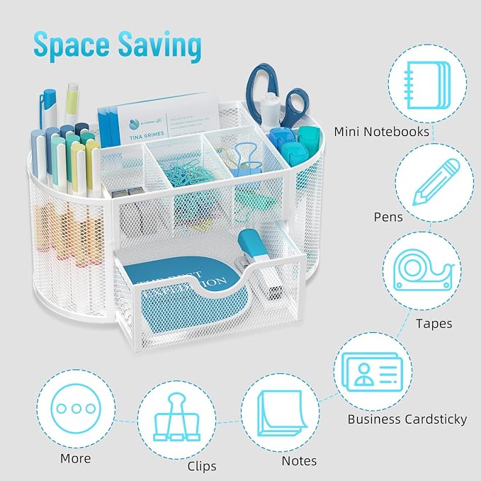 Mesh Desk Organizer with Drawer, 9-Compartment Pen Holder for Desk, White | Pull-Out Drawer Stores Pens, Pencils, Clips, Notes, and Small Office or School Supplies in One Compact Desk Caddy