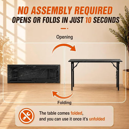 Folding Table Computer Desk - 55.1" No Assembly Folding Desk with Power Outlets & USB Charging Port, Small Desk, Foldable Office Desk, Compact Storage Portable Use for Small Space, Marble Greige
