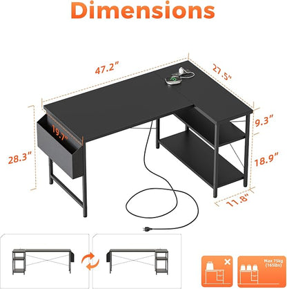 Mericonia 47 inch Corner Desk with Shelves, Small L Shaped Gaming Desk | Reversible Computer Desk with Power Outlets & Storage Bag, Office Table for Home Bedroom Study Work Writing