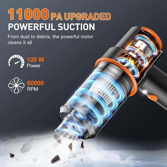 KMM Handheld Car Vacuum Cleaner, 11000PA Vacuum Cleaner & Air Duster, 120W High Power Vacuum Portable Cordless, Hand Held Vacuum Rechargeable with Multi-Nozzles & LED Light for Home, Car, Office
