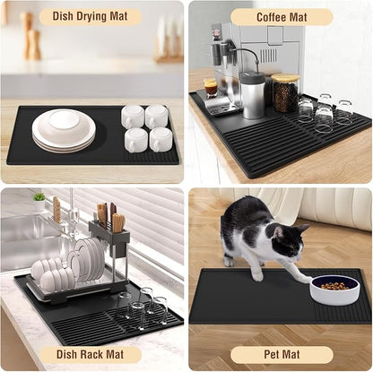 Silicone Coffee Mat with Raised Edges, 20'' X 12'', Bar Mat for Countertops, Accessories Fit Under Coffee Maker Espresso Machine, Dish Drying Mat (BLACK)