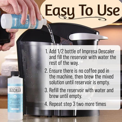 IMPRESA Coffee Machine Descaler - Machine-Safe Formula & Descaling Solution - Universal Descaler for Coffee Maker Compatible with Keurig, Nespresso, Breville & More - 3 Pack, 6 Uses, Made in USA