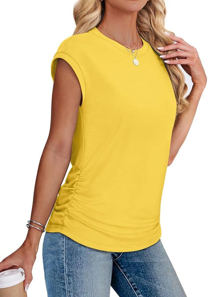 Sampeel Womens Summer Tops Trendy 2026 Ruched Cap Short Sleeve Tshirts Shirts Crew Neck T Shirts Fashion