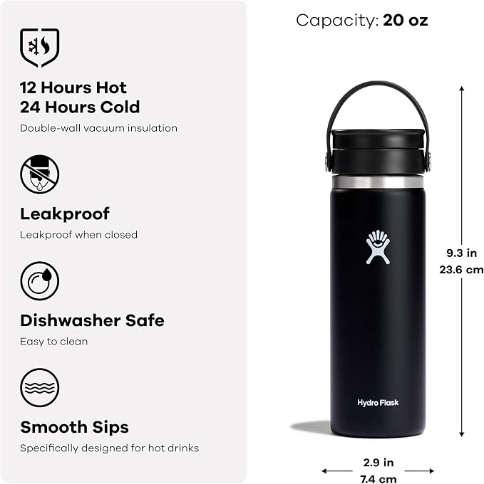 Hydro Flask Water Bottle - Insulated Stainless Steel - Wide Mouth Flex Sip Lid, Non Spill, Leakproof and Refillable in 20 Oz Trillium Pink