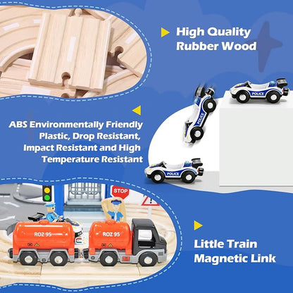 59 Pcs Wooden Train Set for Toddlers, Toy Train with Track for Kids Ages 3-6, Deluxy Double Track City Police Station Railway Playset Gifts for Boys and Girls Ages 3+
