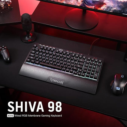 Redragon K515 Shiva Wired RGB Membrane Gaming Keyboard, 98 Keys Mechanical-Feel Keyboard w/Smooth Linear Switch, On-Board Macro & Dedicated Multimedia Keys, Detachable Wrist Rest, Software Supported