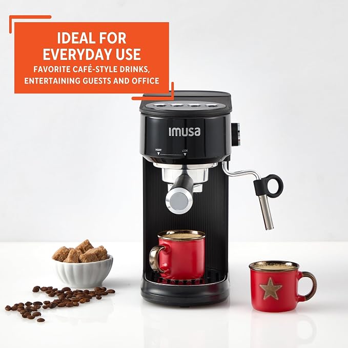 IMUSA 1 or 2 Cup Electric Slimbrew Espresso Cappuccino Coffee Maker, Black | Matte Finish, 20 Bar Pump, Milk Frother, Fast Heating, Hot or Iced Drinks, Home Baristas
